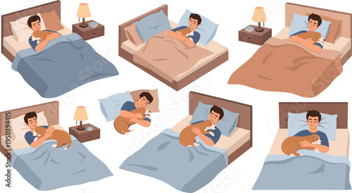 Man Sleeping with Dog in Bed Cozy Nighttime Scenes Collection with Pet Companion, Bedroom Interior, Blanket, Pillow, and Relaxing Sleep Illustration Set