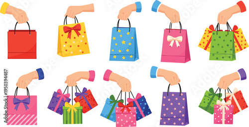 Hands Holding Shopping Bags and Gift Packages Collection with Colorful Retail Bags, Presents, and Holiday Purchase Illustrations for Online Shopping and Sales