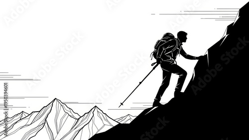 Minimalist Mountain Climber Silhouette Vector Line Art with Simple Outline of Rock Climbing Adventure, Outdoor Sport Illustration for Adventure Posters