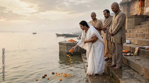 Woman in white sari performs funeral rite at riverbank. Grieving group participates in traditional memorial ceremony at dawn. Indian ritual of prayer and peace.