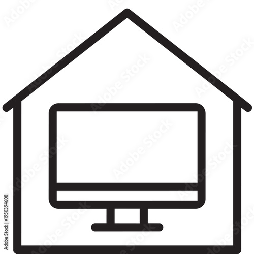 Home office remote work icon | computer monitor inside house outline vector graphic