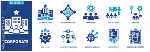 Corporate icon collection set. Office building, Business meeting, Teamwork, Presentation, Manager, Employee, Company structure, Business growth, Partnership, Corporate strategy. dual tone vector.	
