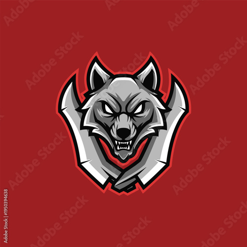 Gray wolf head with sharp teeth.