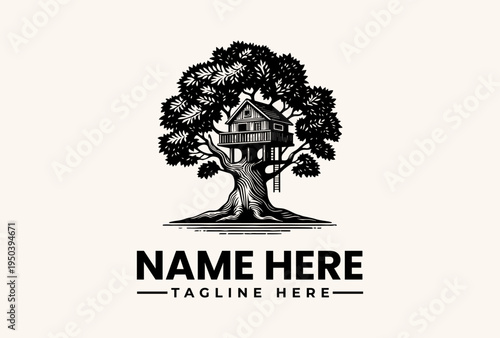 A black and white illustration of a treehouse in a tree with a placeholder name and tagline on a plain beige background, featuring a logo and vector graphic design elements.