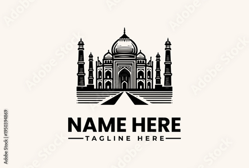 A black and white vector illustration of the Taj Mahal with a central dome and four minarets, accompanied by a placeholder name and tagline on a beige background.