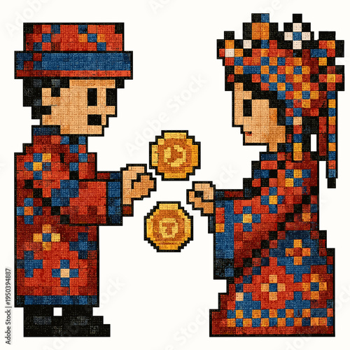 Pixel art couple exchanging coins in colorful traditional attire