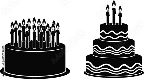 Birthday cake silhouettes set cad drawing flat vector illustration with tiered cake, candles, and flames isolated on white background design.