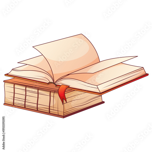 Medieval manuscript book with parchment pages and ribbon bookmark, handwritten book from the Middle Ages, historical literature and early bookmaking, vector illustration of open book isolated on white