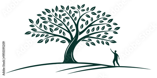 A person standing in front of a large tree on a hill, gazing at the horizon.