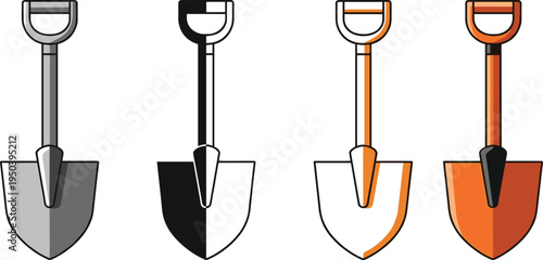 Vector illustration of shovels in grayscale, black, orange, and brown designs for construction, gardening, and tool artwork