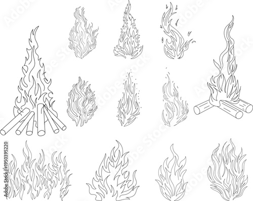 Burning fire, bonfire, sketch set, vector