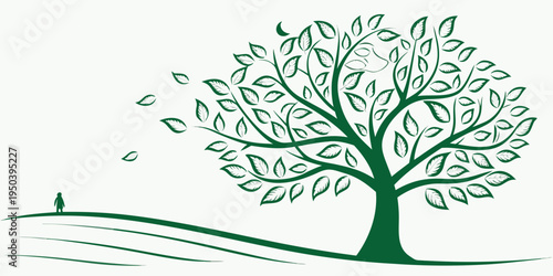 A serene landscape featuring a large tree with a person walking in the distance.