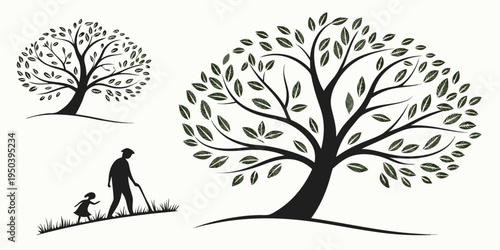 A serene scene of a person walking towards a large tree in a park.