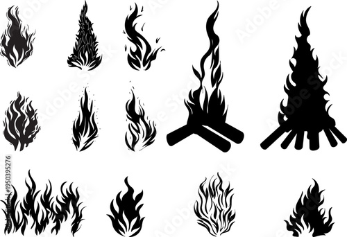 Burning fire, bonfire, silhouette set, vector
