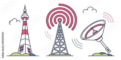 Illustration of various communication towers and satellite dish.