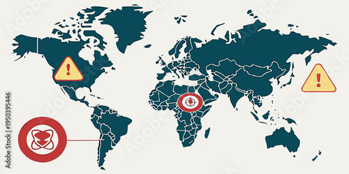 Global map highlighting various safety and warning symbols across different regions
