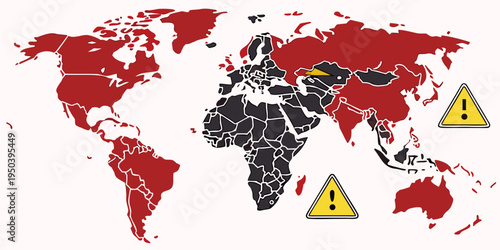 Global map highlighting countries affected by significant events and warnings.