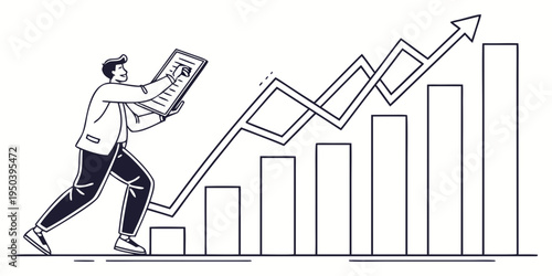 A man pushing a large bar graph upwards with a newspaper in hand.