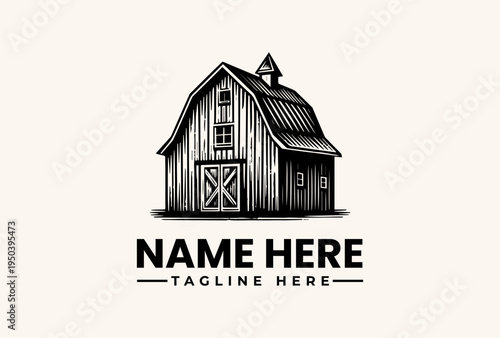 A black and white illustration of a rustic barn with a logo template and placeholder text on a plain background.