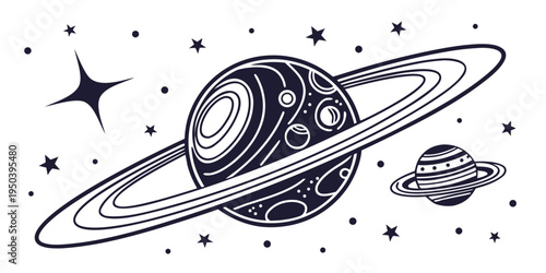 A detailed illustration of a planet with rings and a spaceship flying nearby
