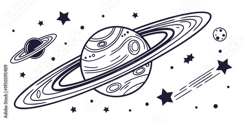 A detailed illustration of a planet with rings and stars in space