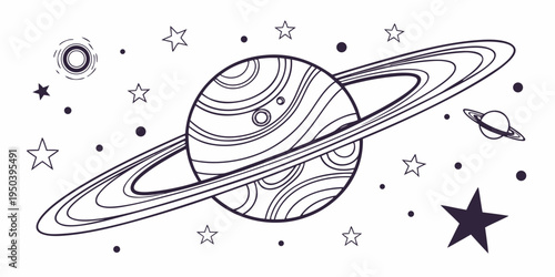 A detailed black and white illustration of a planet with rings and stars