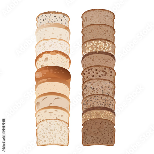 Photorealistic Sliced White and Brown Bread Vector Illustration
