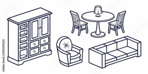 A collection of various furniture items including a cabinet, table, chair, and bed frame