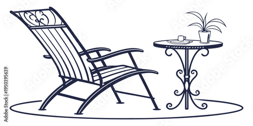 A comfortable chair and a small table with a plant on it.