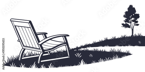 A single chair sits alone in a field with a distant tree silhouette.