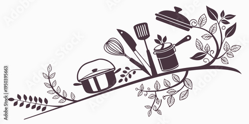 A whimsical illustration of kitchen utensils and plants arranged on a branch.
