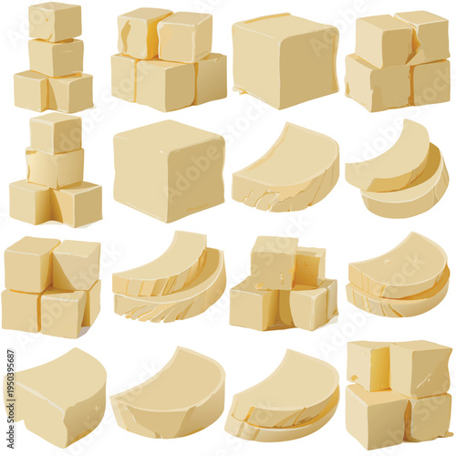 Photorealistic Butter Cubes and Slices Set Vector Illustration