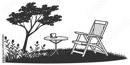 A serene garden scene with a chair, table, and a cup of coffee