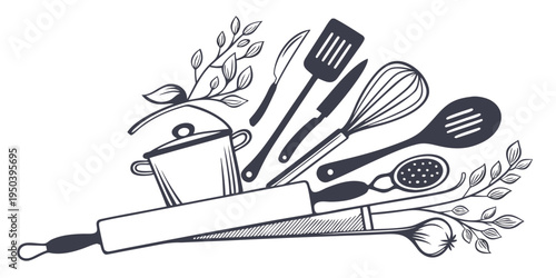 A collection of kitchen utensils and tools arranged on a wooden surface