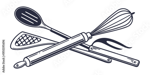 A variety of kitchen utensils laid out on a table in a crossed pattern