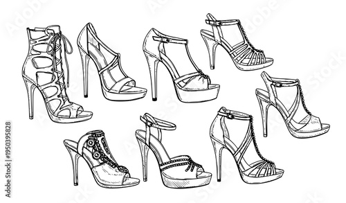 Hand drawn women's luxury high heel sandals vector fashion footwear sketch set isolated