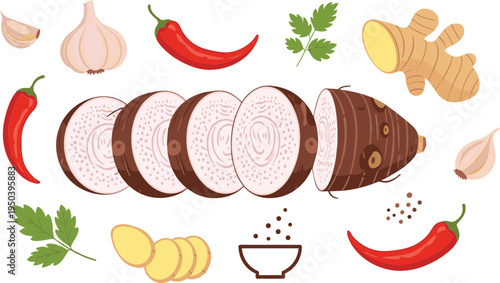 Taro Root Slices with Garlic, Ginger, Chili Pepper and Herbs Cooking Ingredients for Spicy Vegetable Recipe Vector Illustration