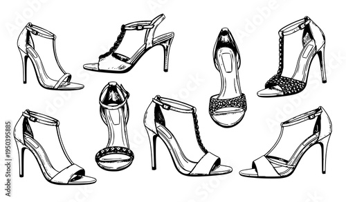 Fashion designer sketch of women's high heel sandals luxury footwear vector illustration set
