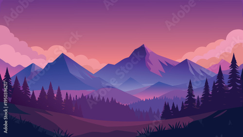 A serene flat vector illustration of majestic purple mountain peaks under a soft sunset sky