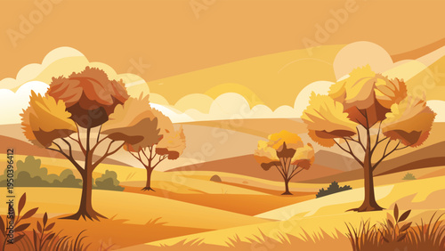 A serene autumn landscape illustration featuring golden trees in a peaceful rolling countryside