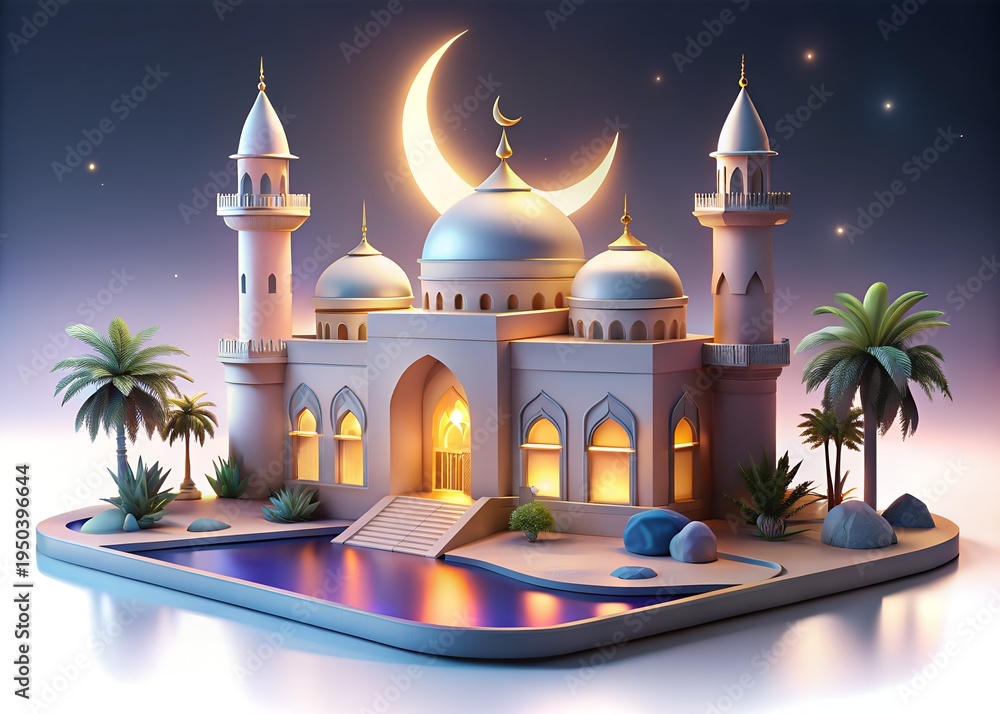 Naklejka premium Serene mosque under crescent moonlight