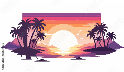 Tropical Sunset Pixel Art Landscape with Palm Trees and Ocean Retro 8 Bit Vector