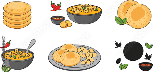 Puri Bread and Potato Curry Indian Food Icon Set with Traditional Vegetarian Meal Elements Vector Illustration Collection
