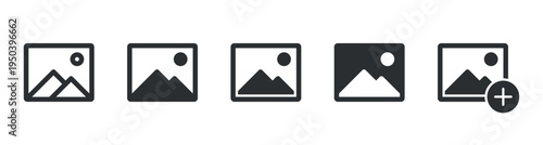 Photo album, image and gallery icons set. Add to photos icon representing pictures, media library and upload actions in modern minimal interface style.