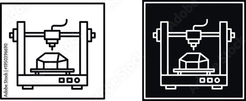 Industrial 3d printer manufacturing icon showing prototype production in workshop setting