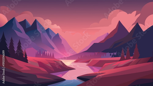 A serene mountain landscape featuring a winding river under a vibrant sunset sky in flat style