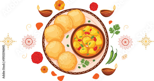 Indian Festive Meal with Potato Curry and Puri Bread Decorative Traditional Vegetarian Food Plate Vector Illustration