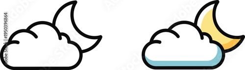 Night sky cloud and moon icon outline and colored versions on transparent background