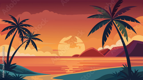 A serene tropical landscape featuring silhouettes of palm trees against a vibrant sunset sky background