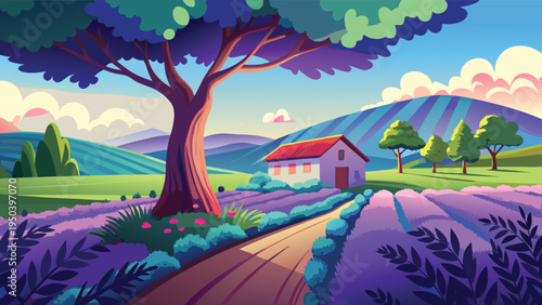 A serene countryside landscape featuring a small house nestled within vibrant purple lavender fields